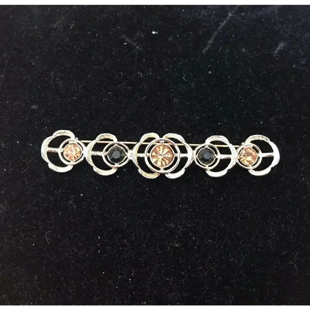 Sarah Coventry Gold Tone Bar Pin Brooch Black And Brown Rhinestones Flower Gift
